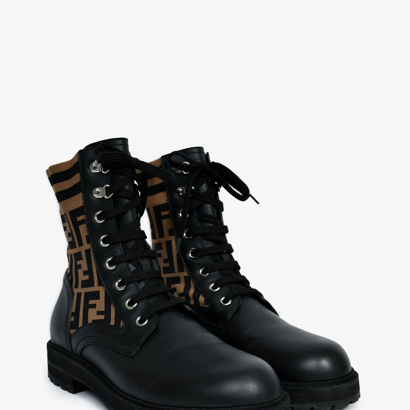 FE Black/Taupe Leather/Fabric Zucca Print Combat Boots Size 38 Mens