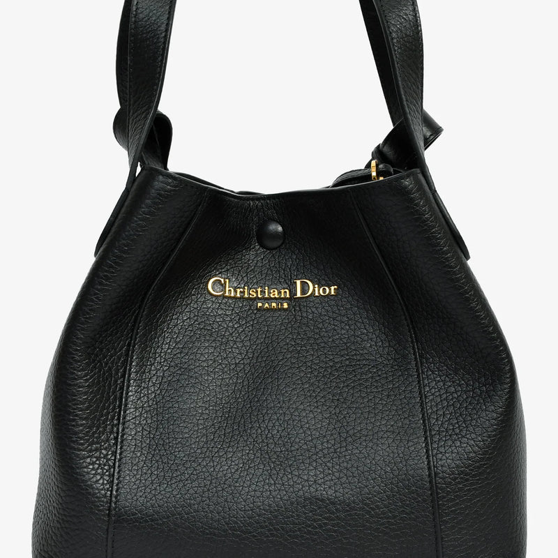 CD Black Grained Calfskin Bucket Bag With Strap