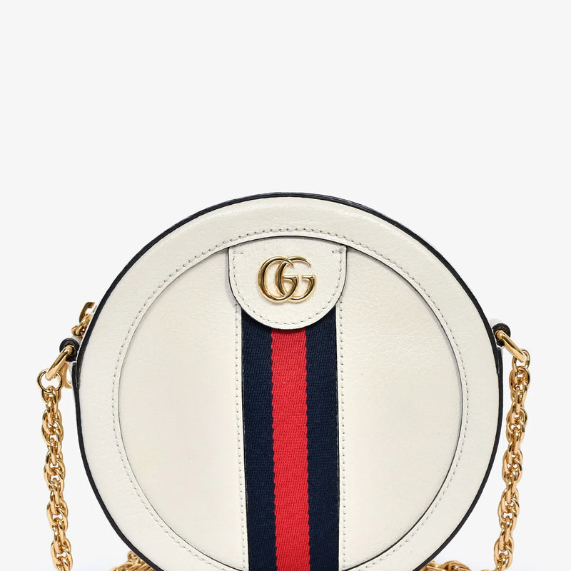 GC White Leather Web Detail 'Ophidia' Mini Round Crossbody Bag