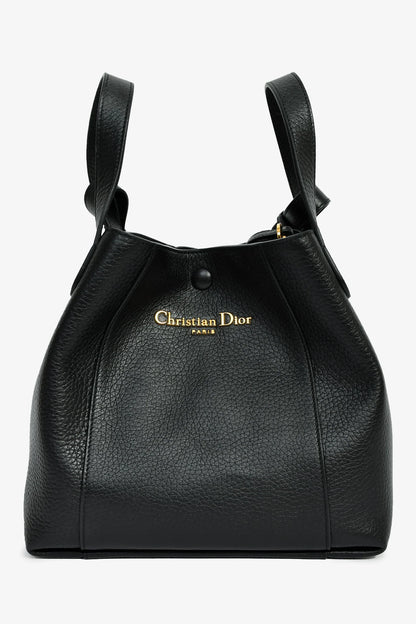 CD Black Grained Calfskin Bucket Bag With Strap