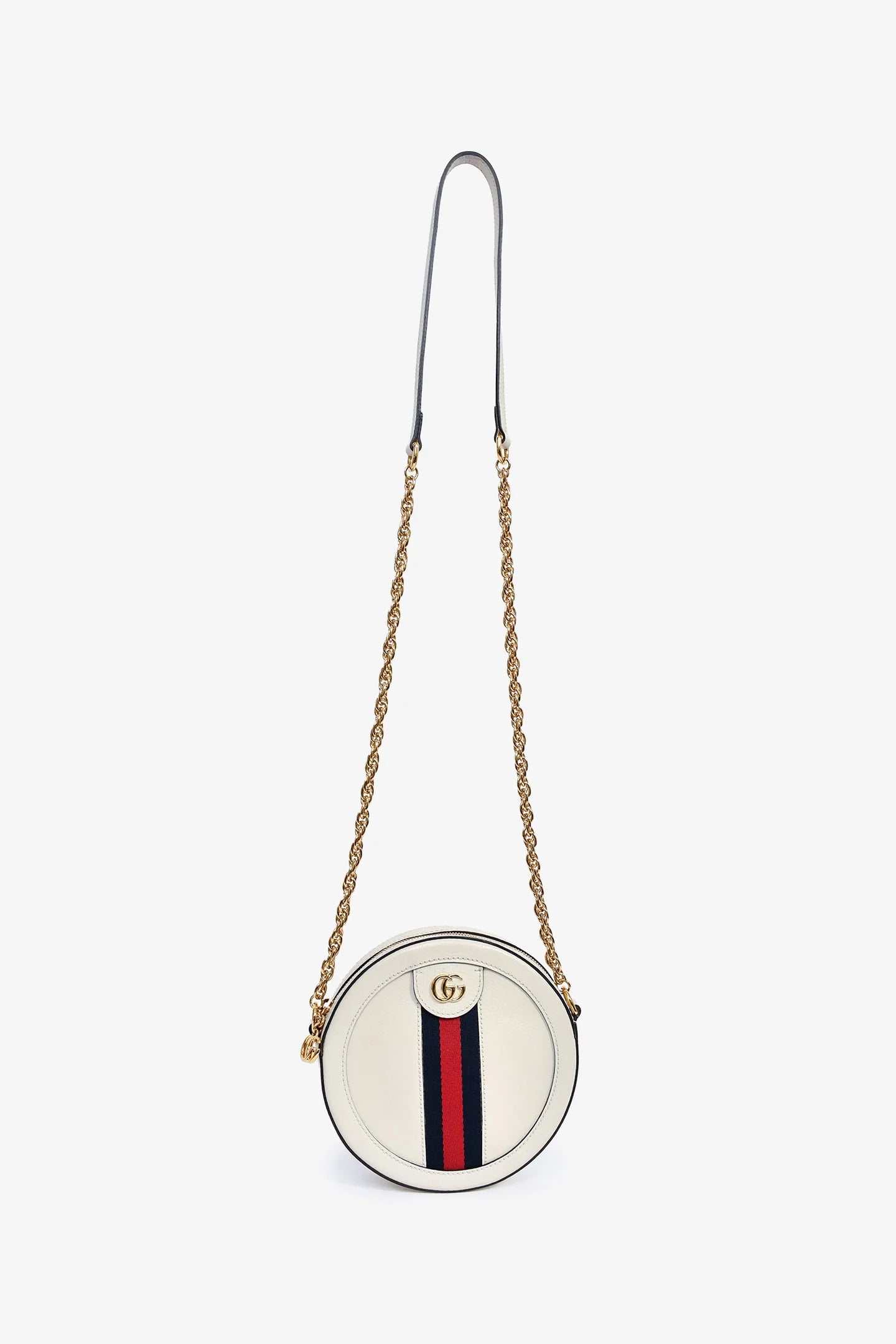 GC White Leather Web Detail 'Ophidia' Mini Round Crossbody Bag