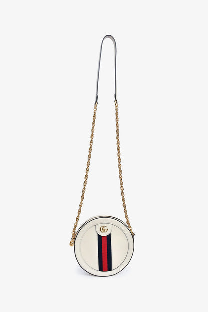GC White Leather Web Detail 'Ophidia' Mini Round Crossbody Bag